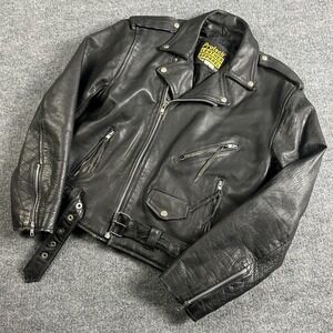 Protech Leather Jacket Mens 40 Black Lined Motorcycle Biker Belted Zip Pockets